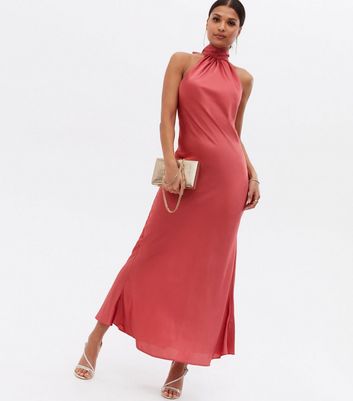 Pink Satin Halter Neck Maxi Dress | New ...
